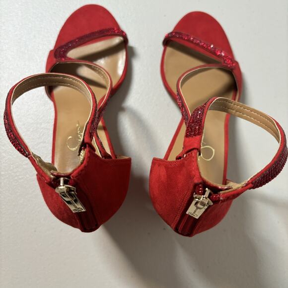 Jessica Simpson Red Suede Block Heel Sequin Strap Sandals Zipper Back Size 10 - Picture 2 of 10